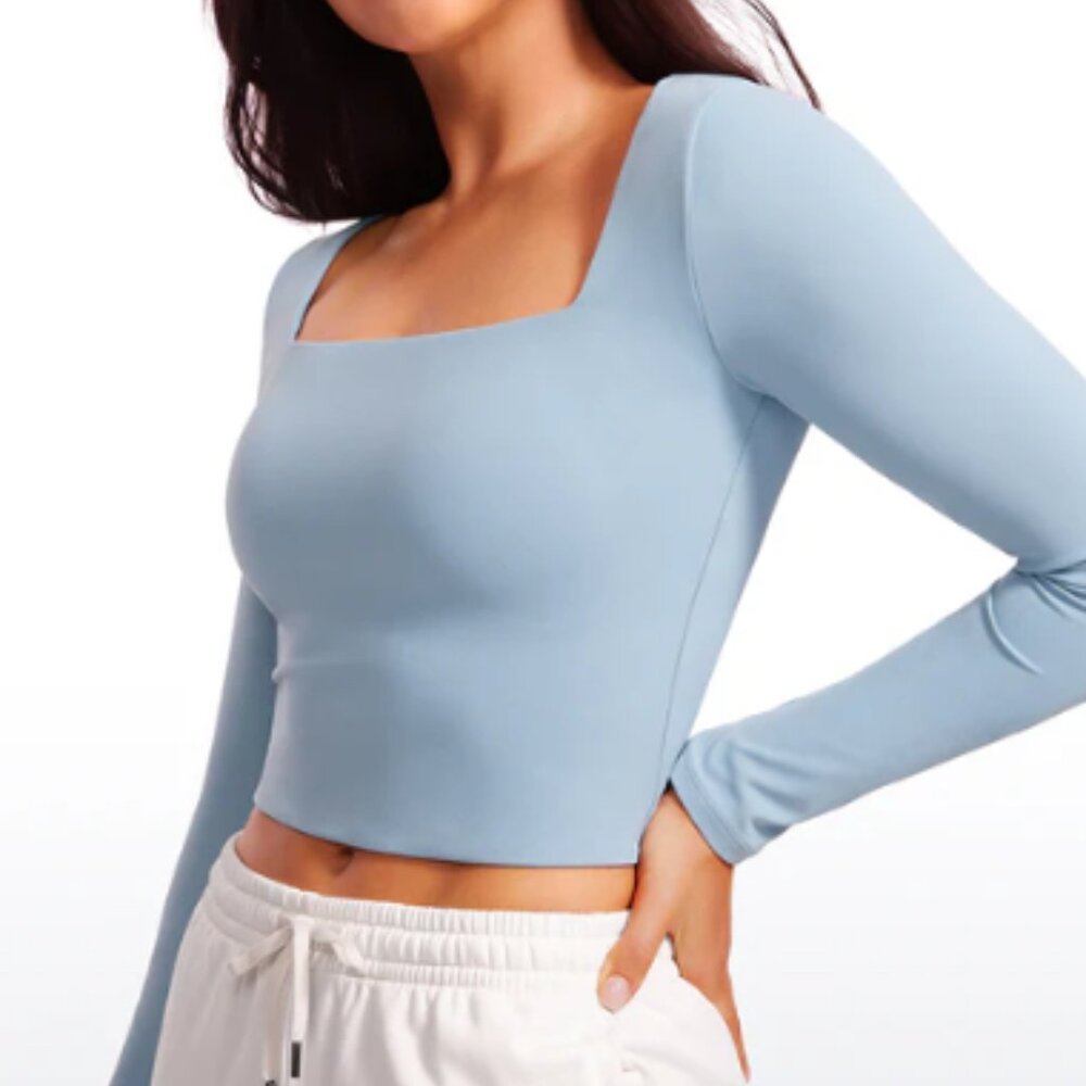 NWT CRZ YOGA Butterluxe Lined Crop Top Long Sleeves Square Neck Cambric Blue #14 - Picture 2 of 5